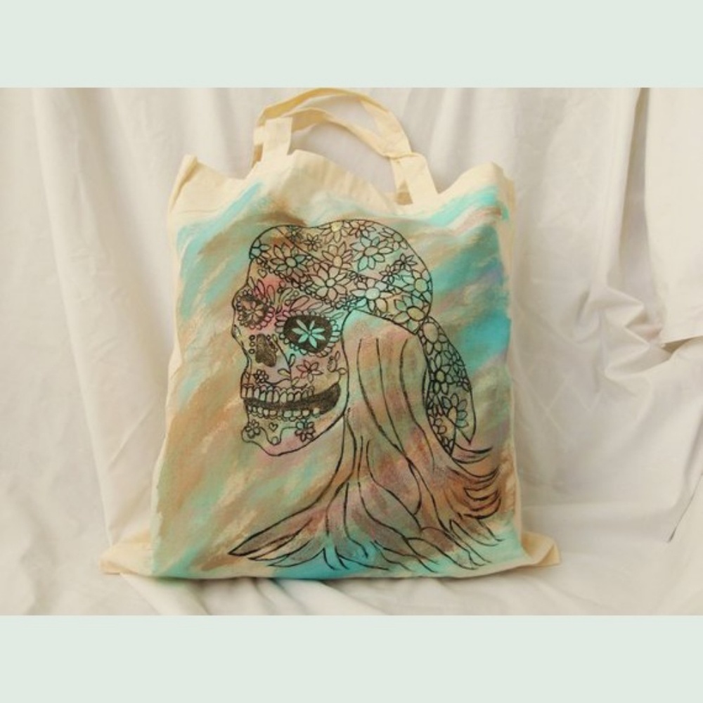 Handpainted Tie Dye Sugar Skull Tote Bag